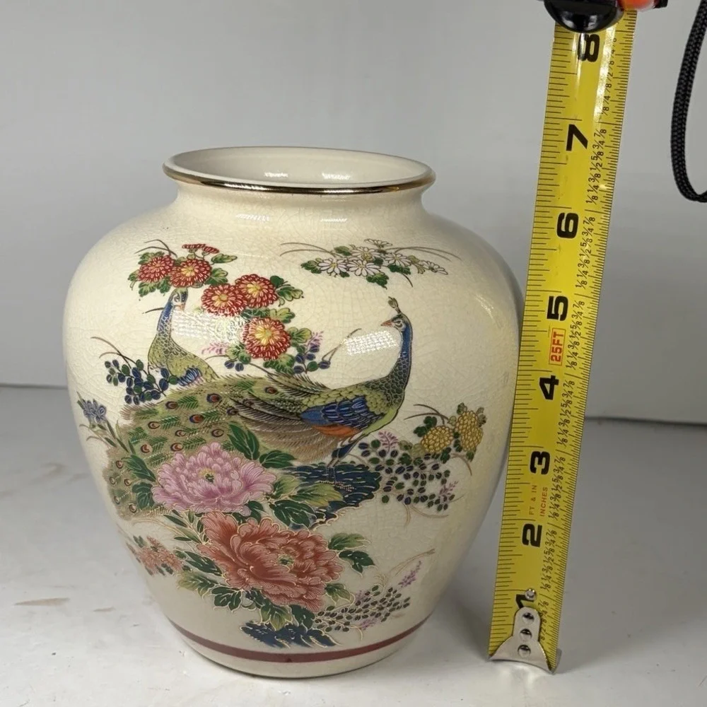 Vintage Japanese Satsuma Style Peacock & Floral‎ Crackle Glaze Vase